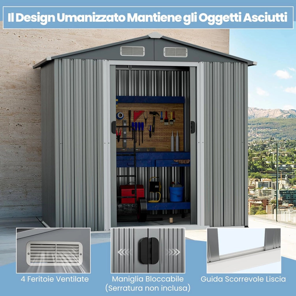 Capanno da Giardino 2,34㎡, Casetta Porta Attrezzi da Esterno in Metallo Zincato Resistente alle Intemperie, con 4 Prese d'Aria, Porte Scorrevoli con Serratura, Rampa e Guanti