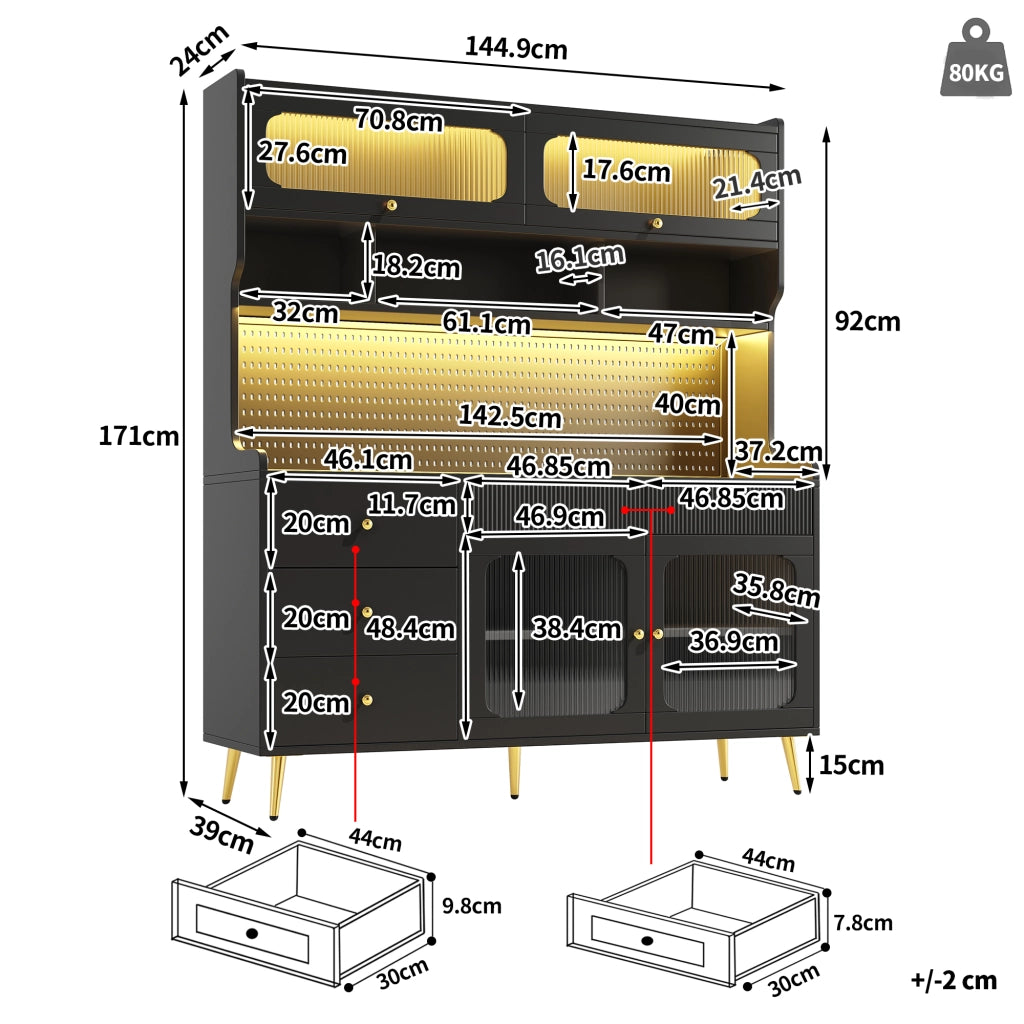 Credenza e madia alta con LED controllati tramite app e telecomando 1 cassetto in MDF e vetro nero 145 × 39 × 171 cm