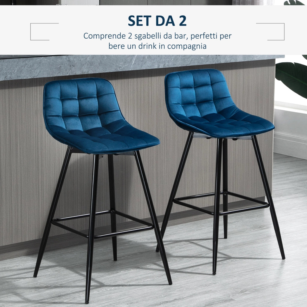 Set 2 Sgabelli Alti in Stile Nordico con Schienale e Poggiapiedi, Sgabelli Cucina con Schienale in Tessuto Effetto Velluto e Metallo, 45x47x88 cm, Blu