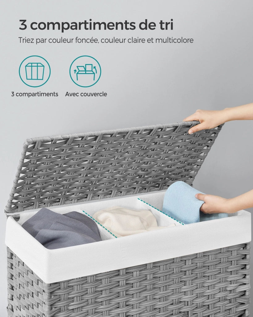Cesto portabiancheria intrecciato a mano 140 litri imitazione rattan 3 scomparti sacco rimovibile coperchio manici facile da montare soggiorno bagno 66 x 33 x 60 cm grigio 12_0006777