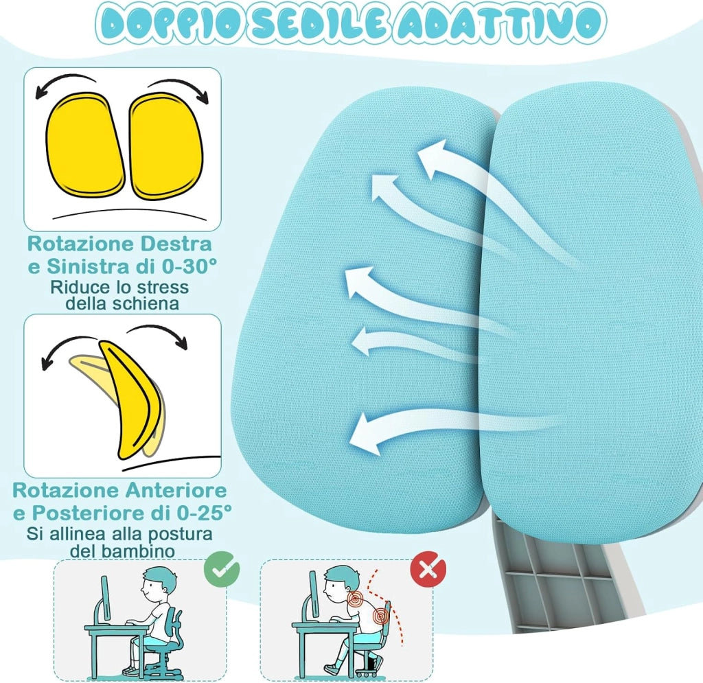 Sedia da Studio per Bambini, Poltrona Ergonomica da Scrivania con Schienale Doppio Regolabile e Poggiapiedi, Sedia Regolabile in Altezza Senza Braccioli per Bambini 3+ Anni (Blu)