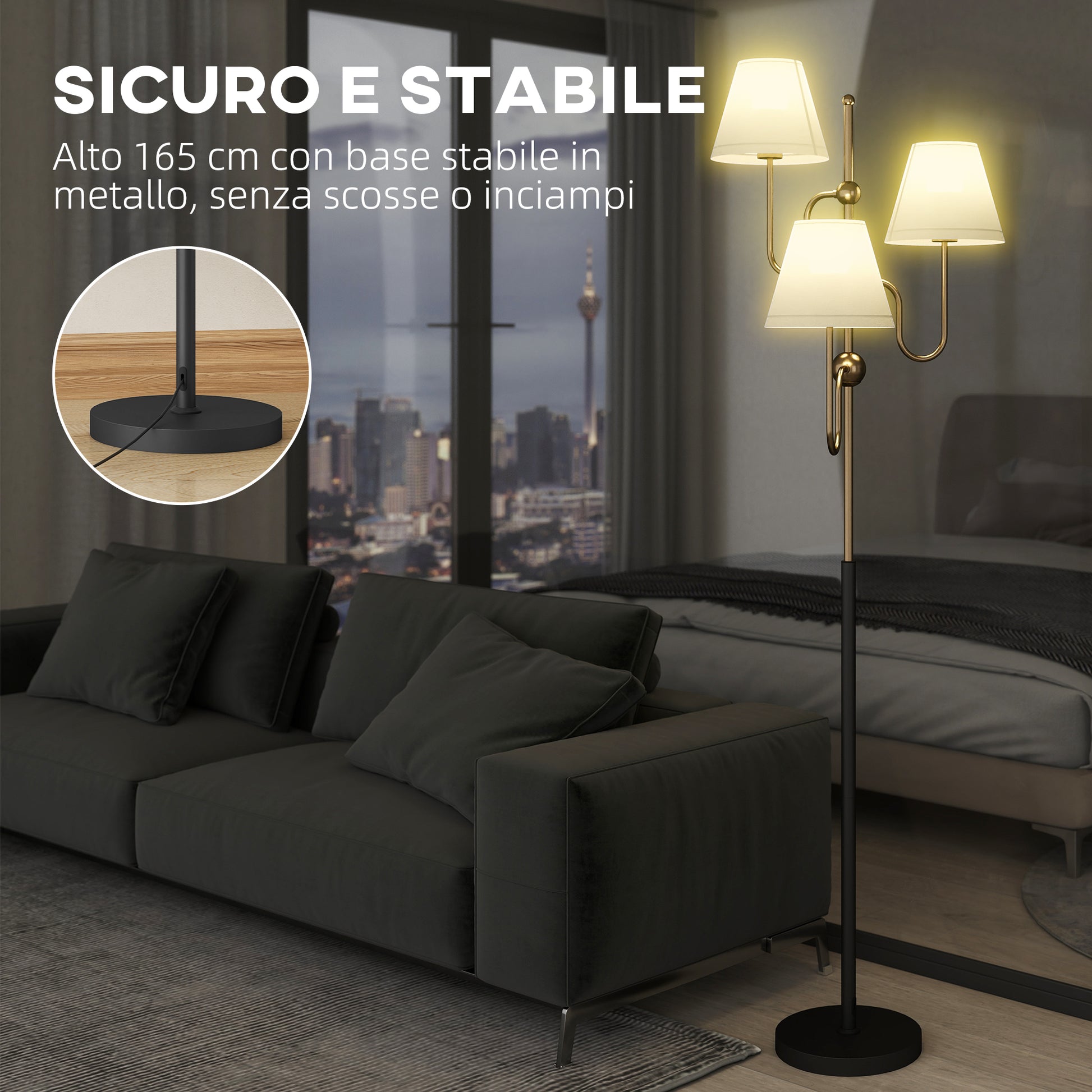 Lampada da Terra Alta con 3 Punti Luce Attacco E27 e Interruttore a Pedale 54x54x165 cm Base in Metallo Oro