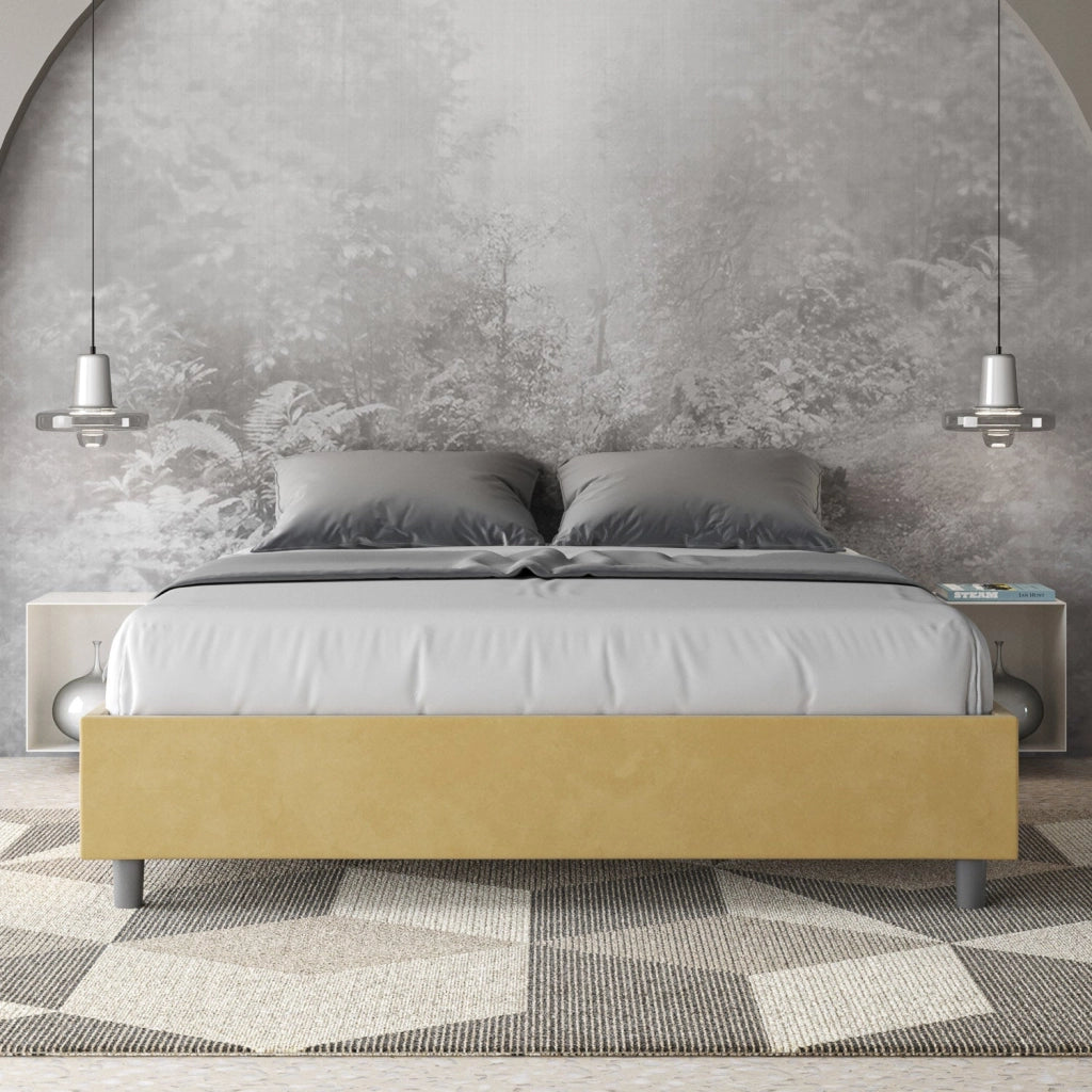 Letto matrimoniale francese con rete imbottito 140x210 microfibra ocra Azelia
