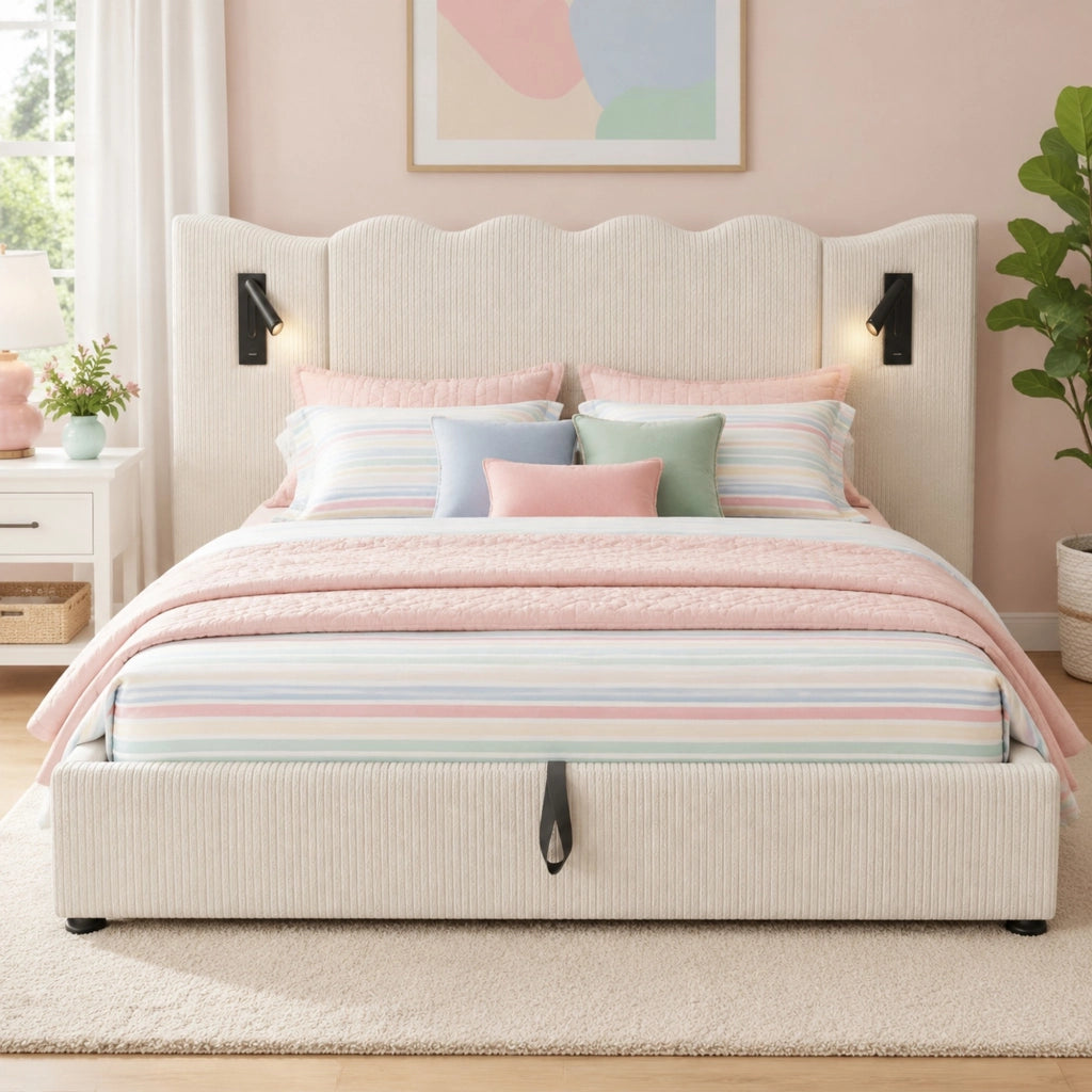 LETTO Contenitore 180x200 cm in tessuto a coste Beige-Bianco con lampada USB Type-C