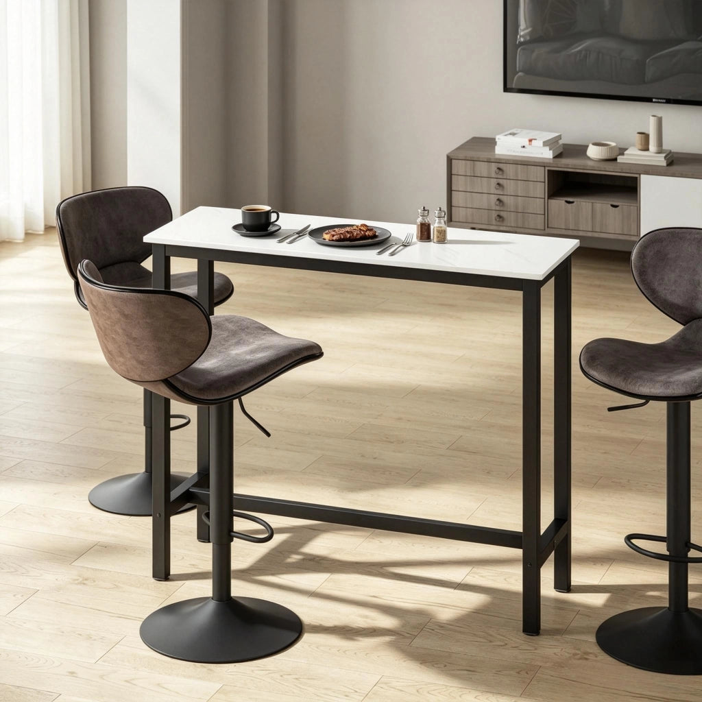 Tavolo bar con base in acciaio e piano effetto marmo, con poggiapiedi, per cucina e soggiorno, 120 × 40 × 100 cm