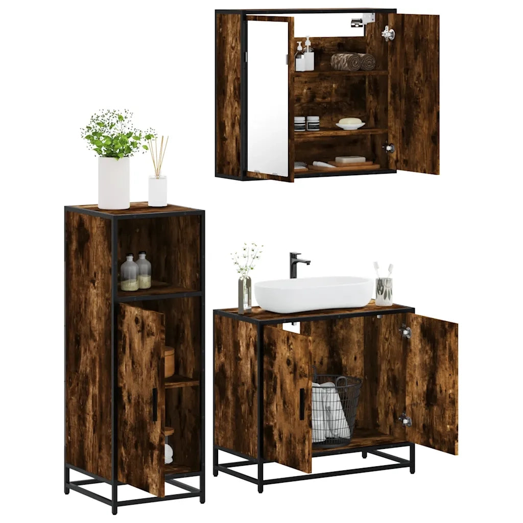 Set Mobili da Bagno 3 pz Rovere Fumo in Legno Multistrato 3300947