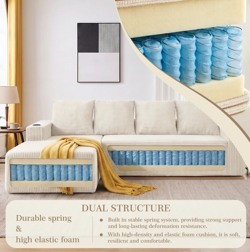 Divano modulare a L con chaise longue; portabicchieri e tasche; velluto a coste beige
