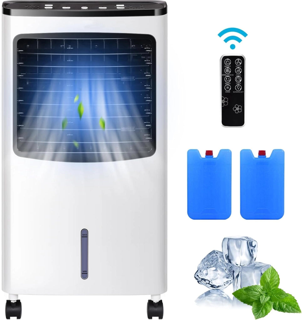 Ventilatore Condizionatore Portatile Senza Tubo 75W, 3 in 1 Air Cooler & Ventilatore & Umidificatore con Telecomando, 3 Velocità, Timer 7,5H, Serbatoio Acqua 8L, 38 X 28 X 74 CM, Bianco