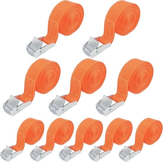 Cinture di sicurezza, 10 pezzi, cinture di sicurezza, cinghia di fissaggio, 2,5 cm x 2,5 m, cinture di sicurezza regolabili con chiusura a molla, sostenibili fino a 250 kg, per bicicletta, motocicletta, zaini da campeggio (arancione)