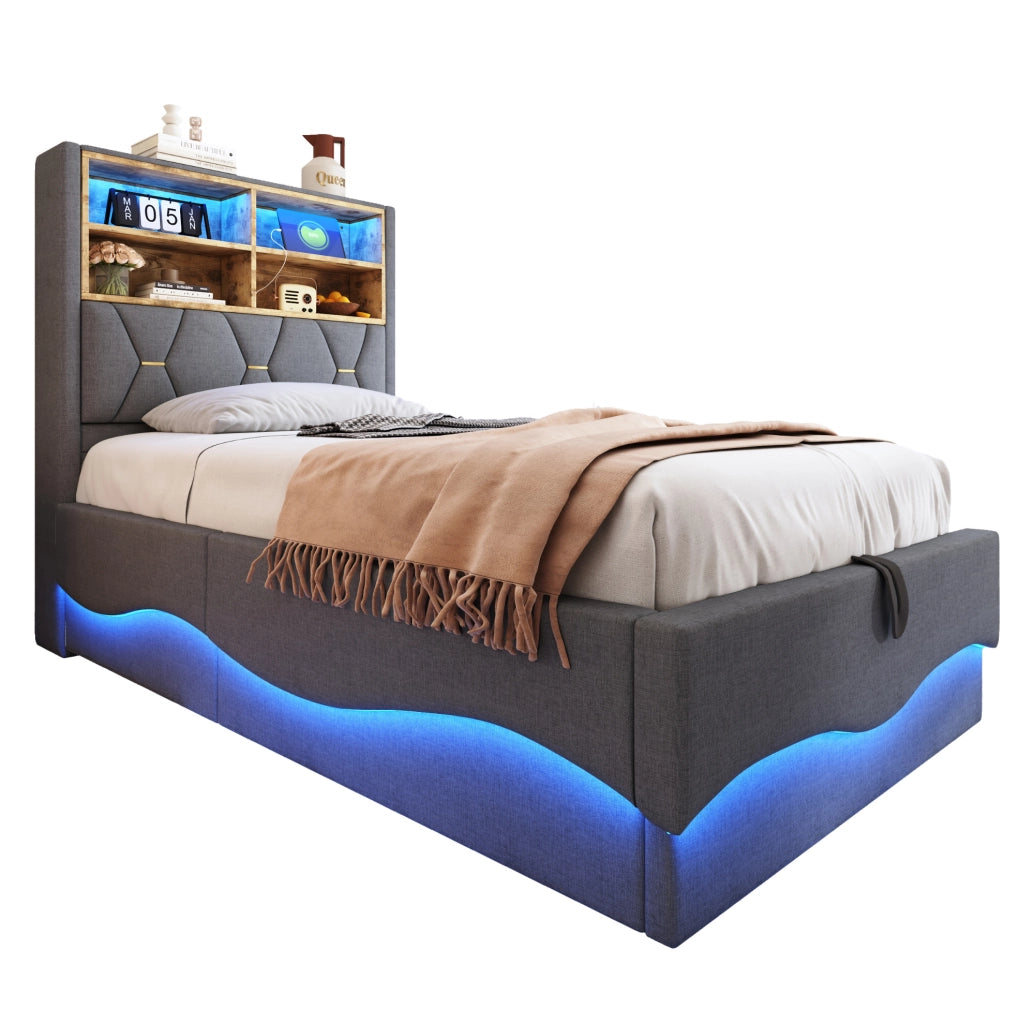 Letto per bambini 90x200 cm grigio in metallo con LED, USB e vano contenitore