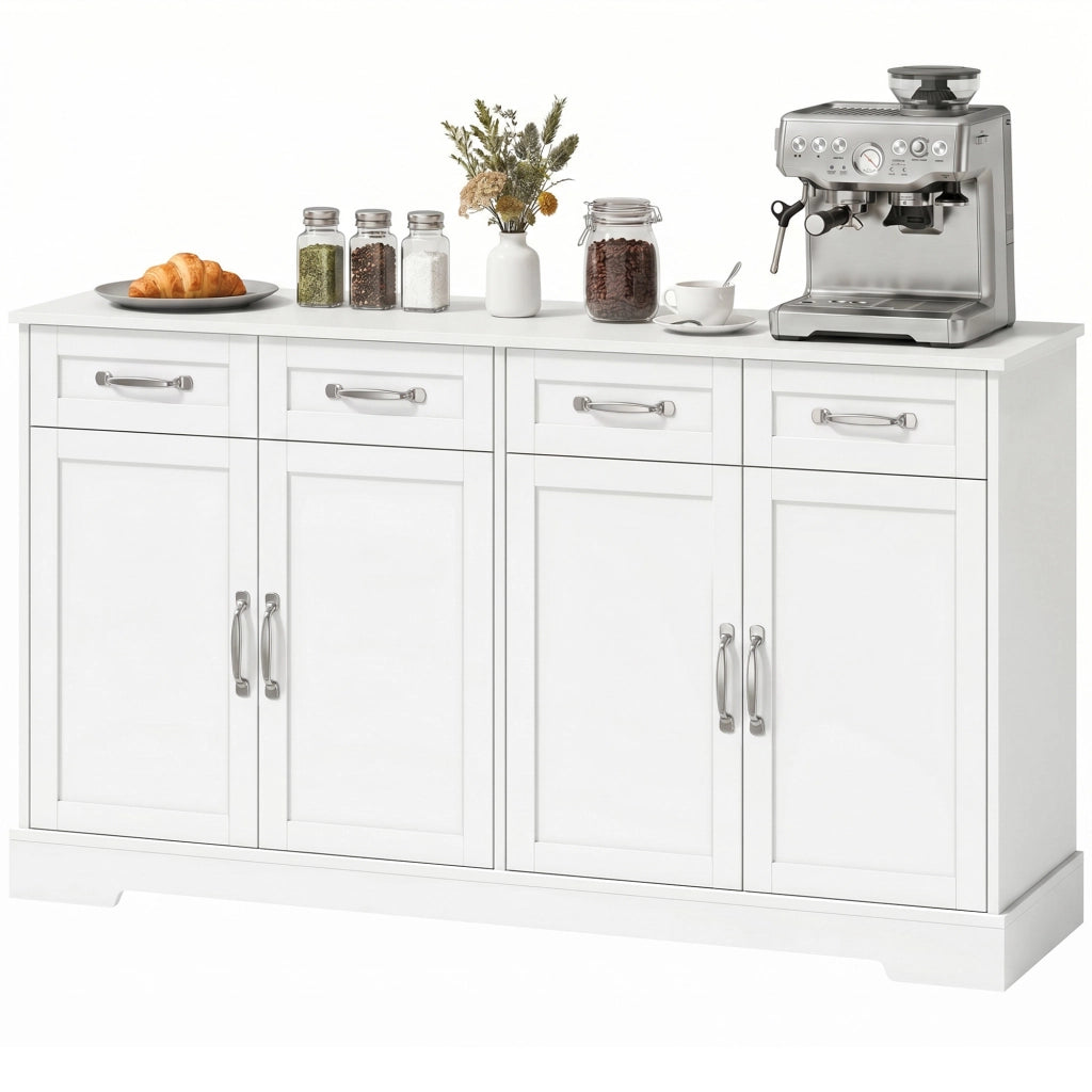 Credenza Cucina con 4 Cassetti, 4 Ante e Ripiani Regolabili, Portata 90 kg, 140x38x80 cm, Bianco