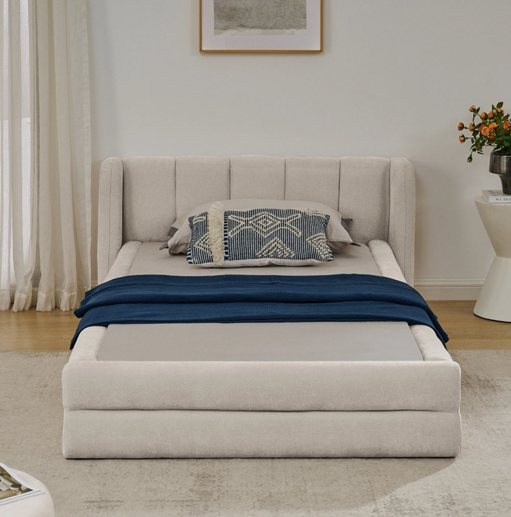 Letto Singolo 90x200cm - Xylo - Testiera in Tessuto Chenille Beige (Senza Materasso)