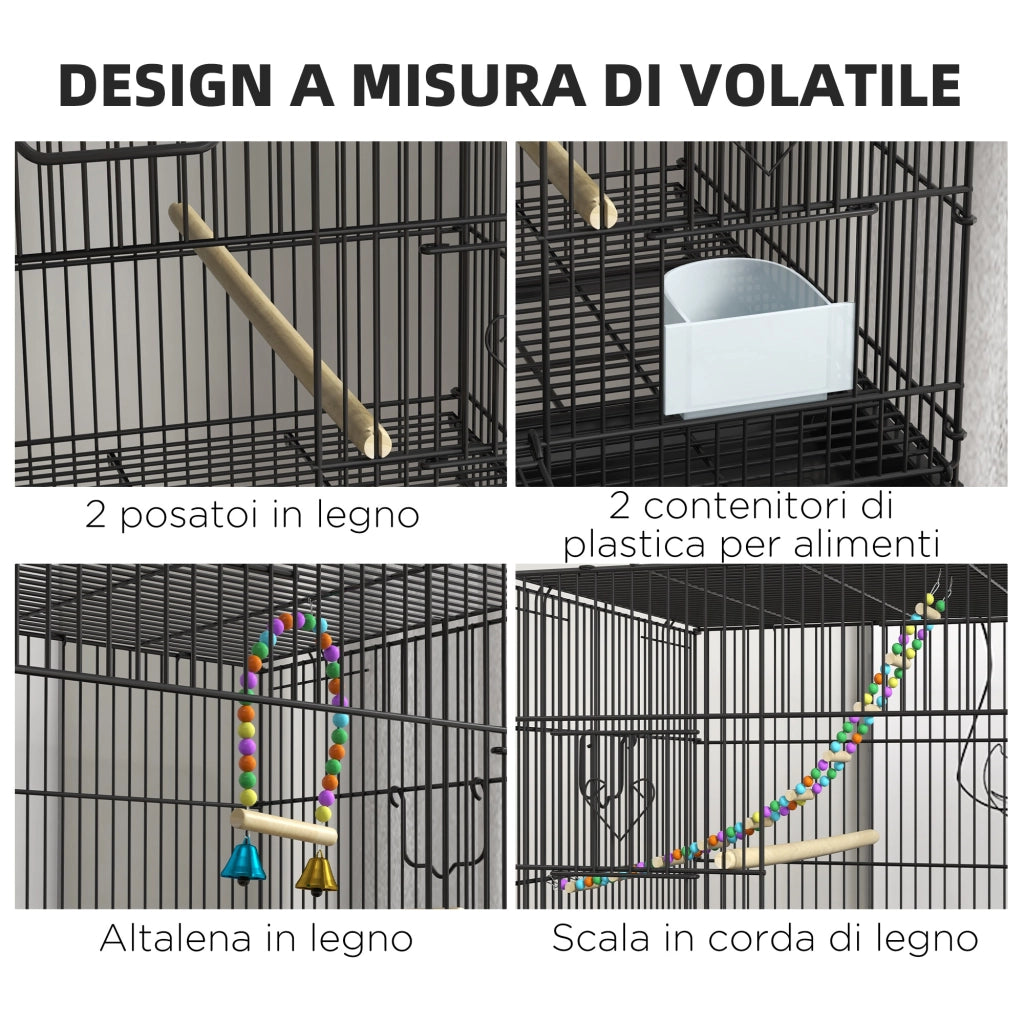 Gabbia per Uccelli in Acciaio e PP, Design Impilato con Posatoi, Altalene e Scalette, 77x46x164 cm, Nero