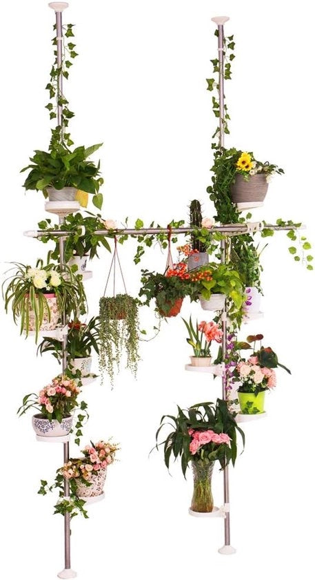 Stand per piante adattabile per interni con angolo e asse per asciugare abiti - Display per fiori in acciaio inossidabile con 12 vassoi e 2 ganci