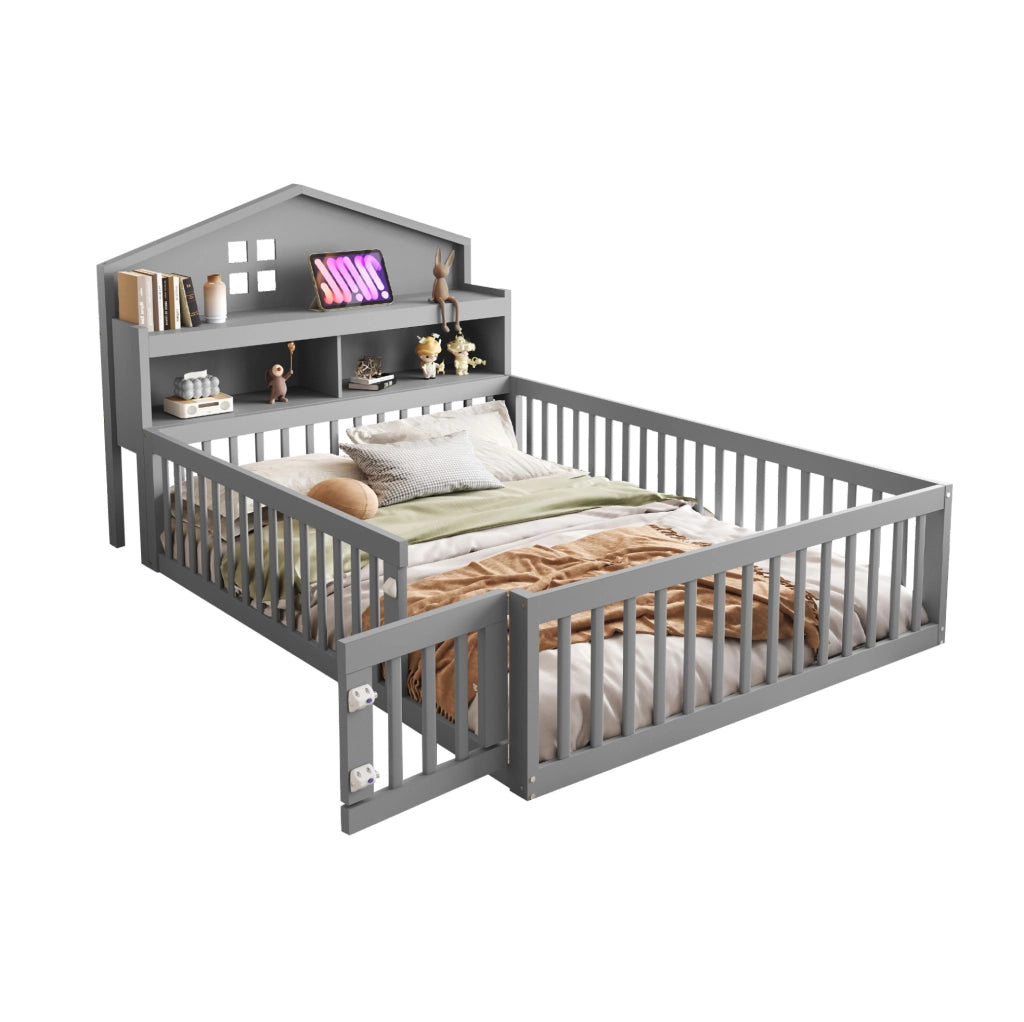 Letto per bambini a forma di casa 140x200 cm in legno massello grigio; con contenitore e rete a doghe