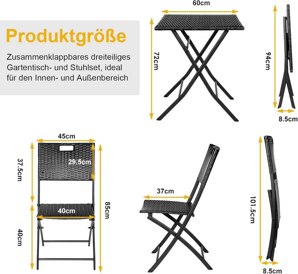 Set di Mobili da Balcone Pieghevole da 3 Pezzi, Mobili da Bistrot, Set Giardino in Rattan, 1 Tavolo e 2 Sedie, Sedia Pieghevole per Balcone, Giardino e Terrazza, Nero