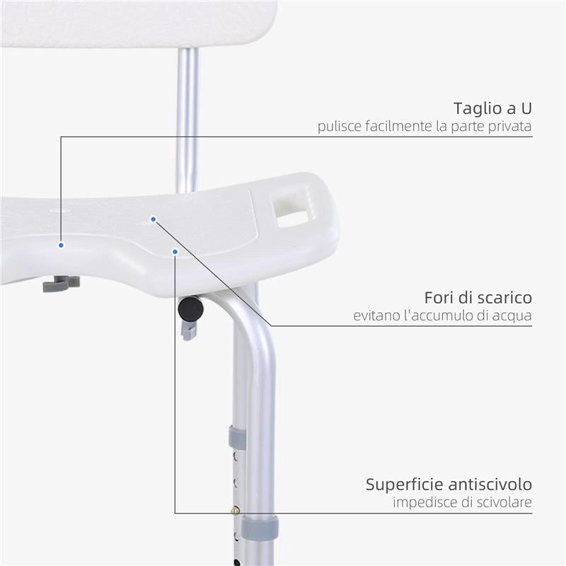 SEDIA DOCCIA REGOLABILE SU 8 LIVELLI CON FORI DI DRENAGGIO, IN ALLUMINIO E PE, 48X42X71-83.5 CM, BIANCO E ARGENTO