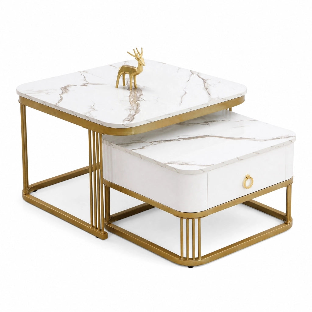 Tavolino da salotto componibile bianco e oro con cassetto