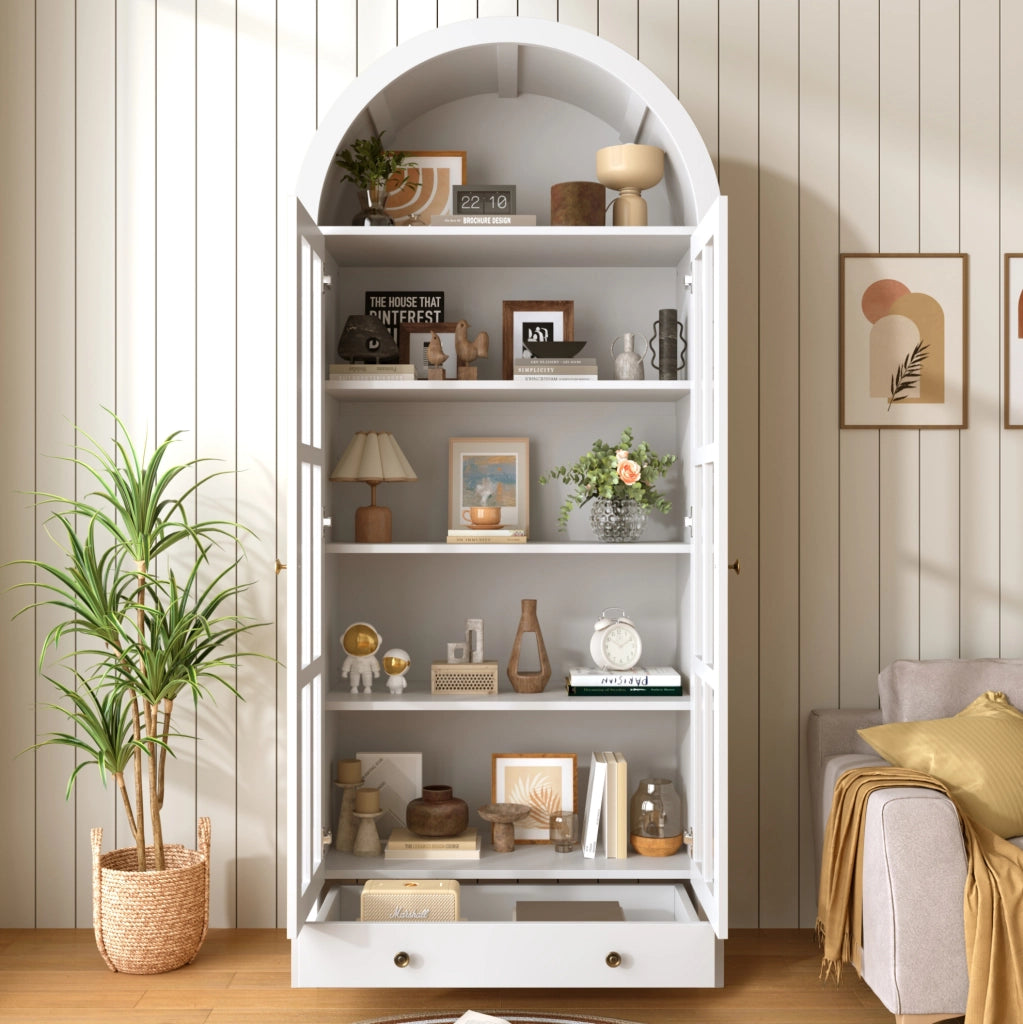 Vetrina alta ad arco 75x35x170;5 cm in MDF bianco con ante in acrilico trasparente e cassetto