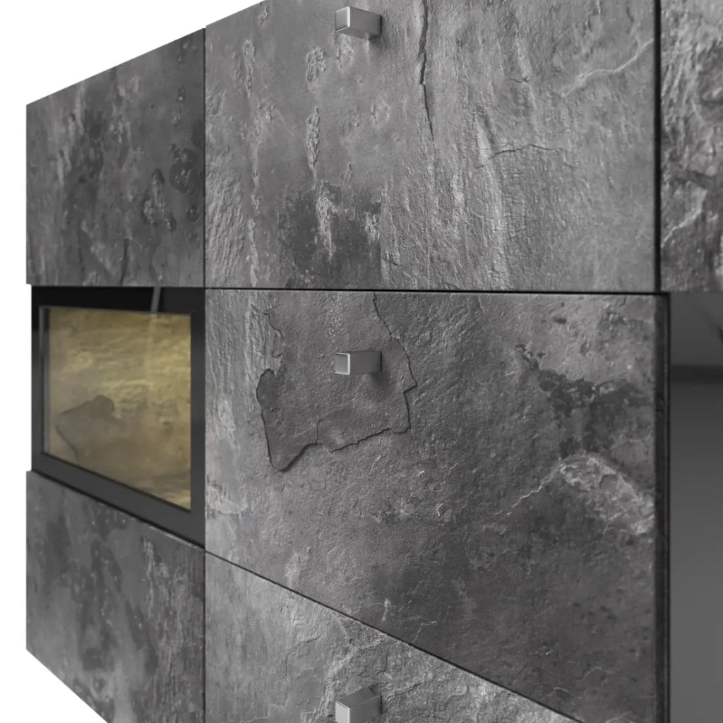 Buffet 130 cm RAMOS – Grigio effetto ardesia e nero – 2 porte vetrate + 3 cassetti – Senza LED