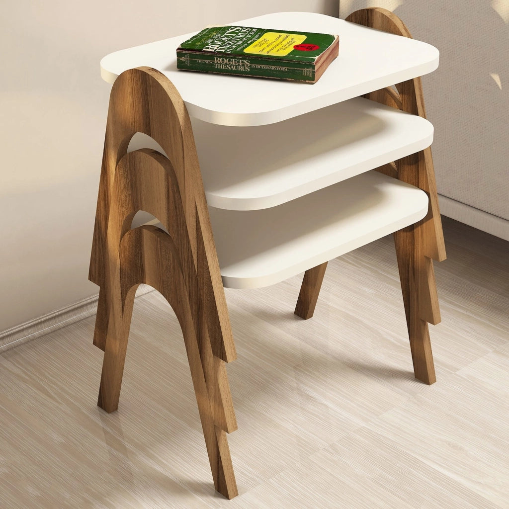 Cerrione, Tavolino da Salotto set 3 Pezzi Impilabili, 49x36x42h cm Bianco Crema