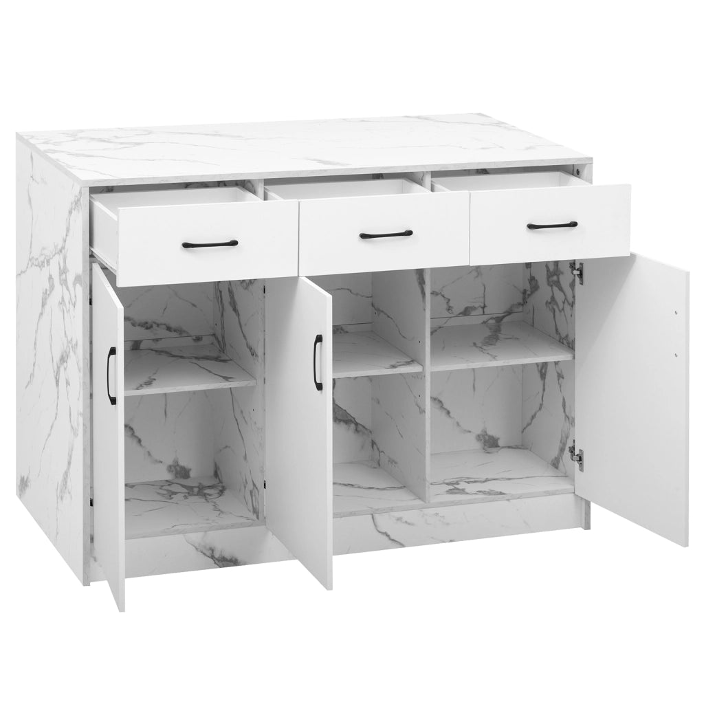 Isola da cucina con 3 cassetti; 3 ante; ripiani regolabili e zona bar integrata per cucina; bianco marmo