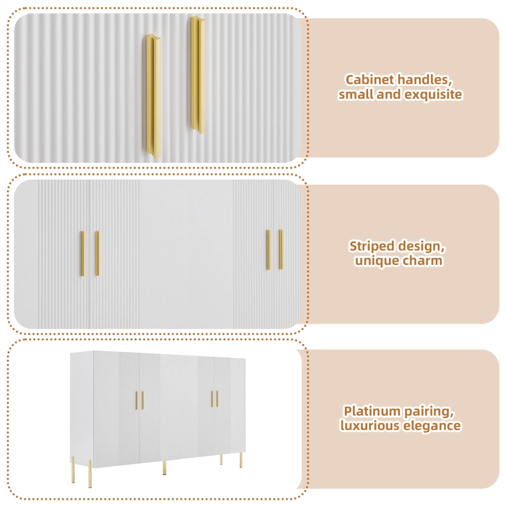 Credenza multifunzionale bianca opaca 160x35x100 cm in pannello truciolare con dettagli dorati