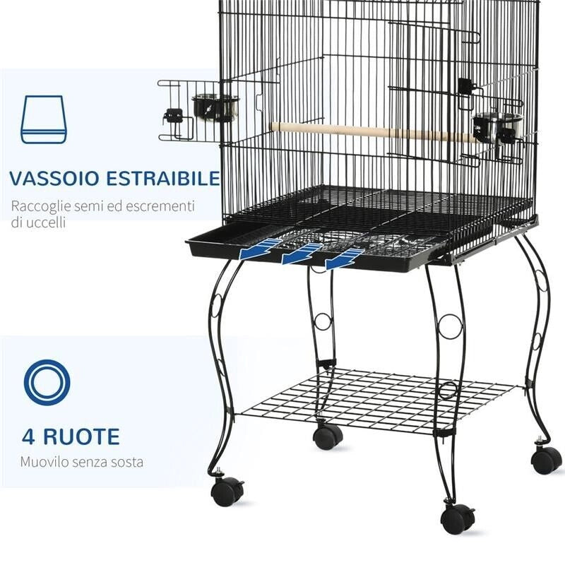 GABBIA PER UCCELLI DA INTERNI IN ACCIAIO E LEGNO CON VASSOIO, 4 RUOTE E TRESPOLO, 50X49X137CM