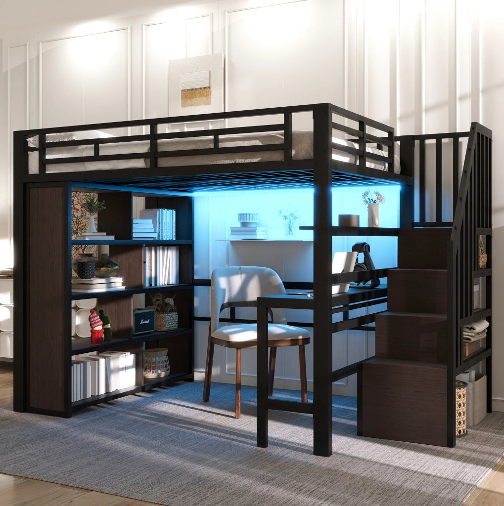 Letto a soppalco ULEVR 140x200 cm con scrivania, ripiani, scala contenitore e LED regolabile, nero
