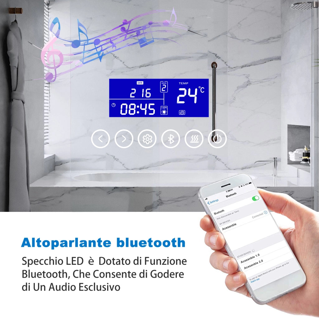 Aica Specchio da bagno a LED+140x80cm+Bluetooth+Lente d'ingrandimento