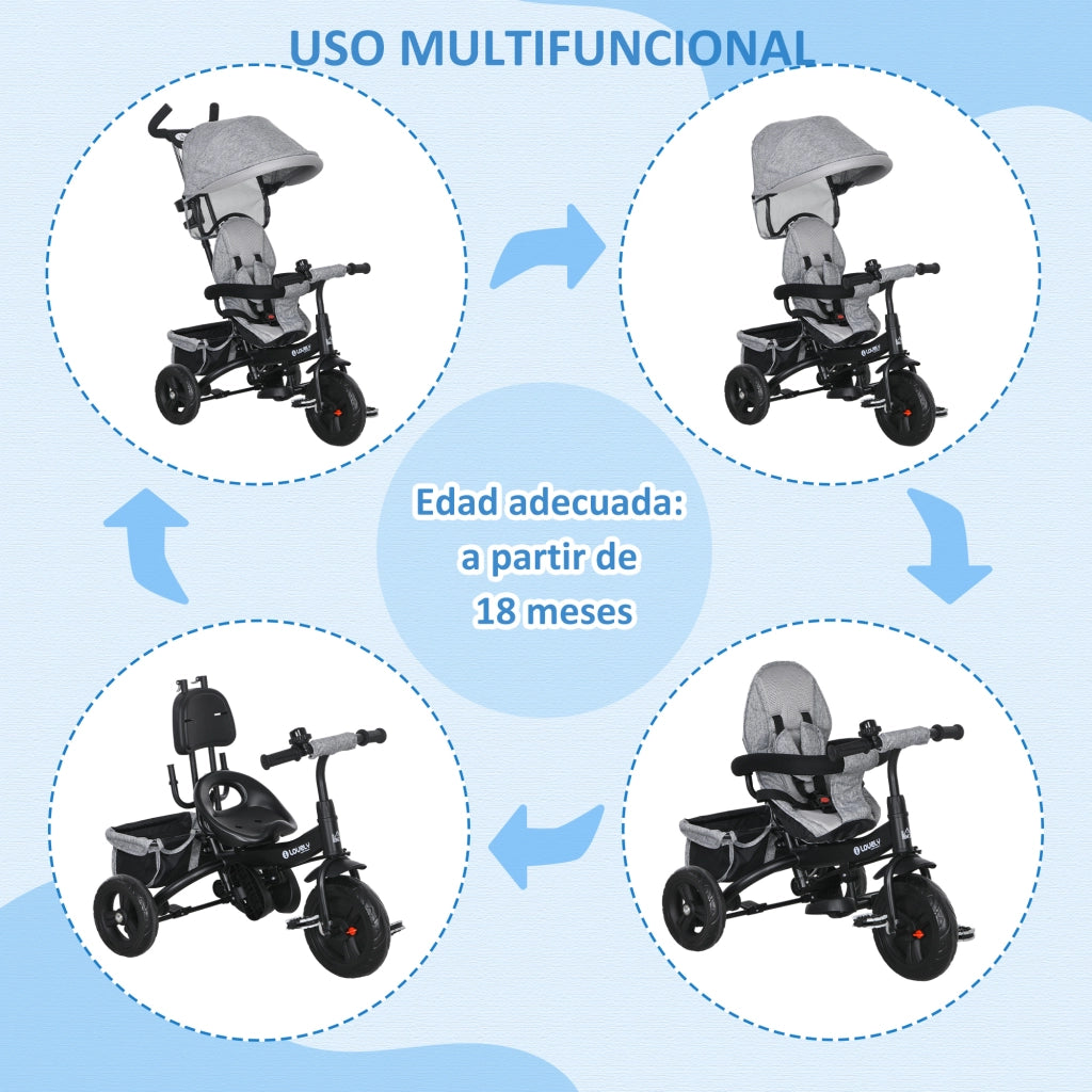 Triciclo per Bambini con Toldo e Cinturino di Sicurezza ¨C zephmum ¨C Grigio