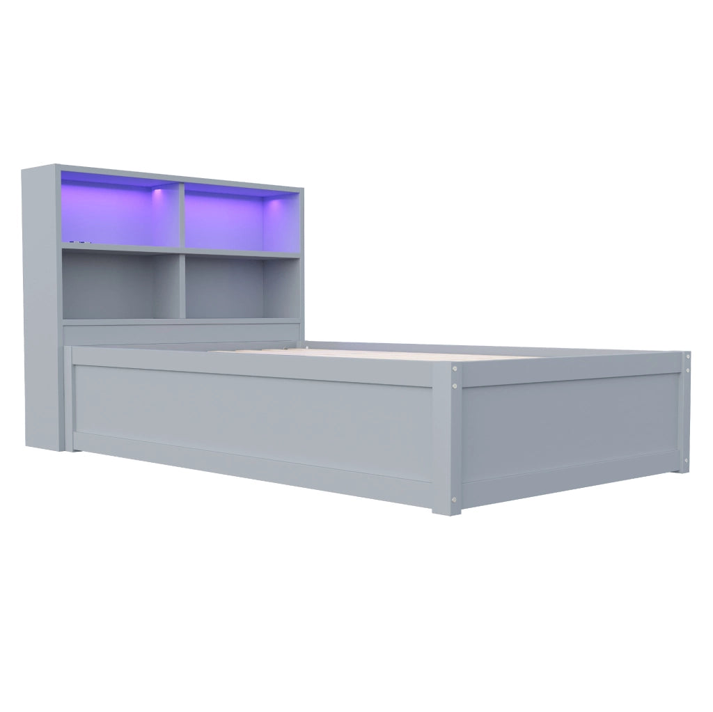 Letto multifunzionale 90x200 cm con LED, prese integrate e vani in grigio