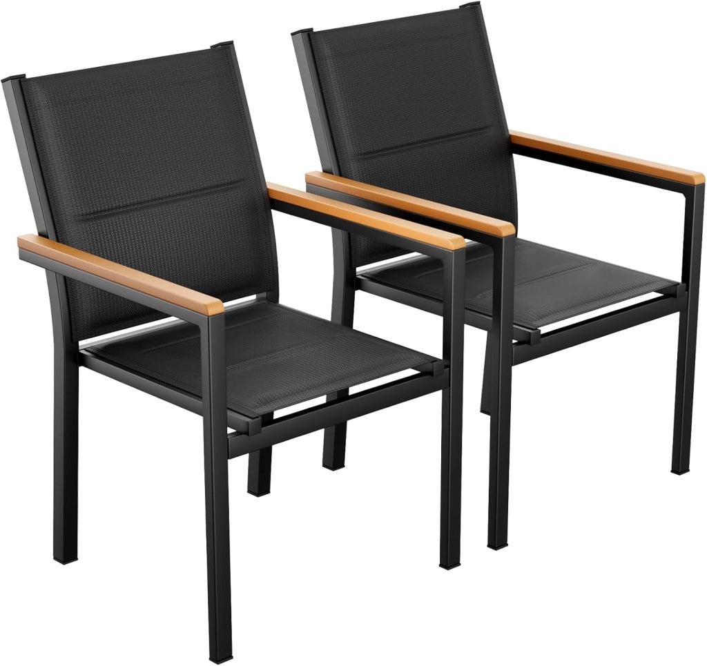 Set di 2 sedie da giardino in alluminio, con schienale e seduta trapuntati, impilabili, per sala da pranzo, in WPC, per terrazza, balcone, terrazza, piscina, ristoranti, colore nero, 2 pezzi
