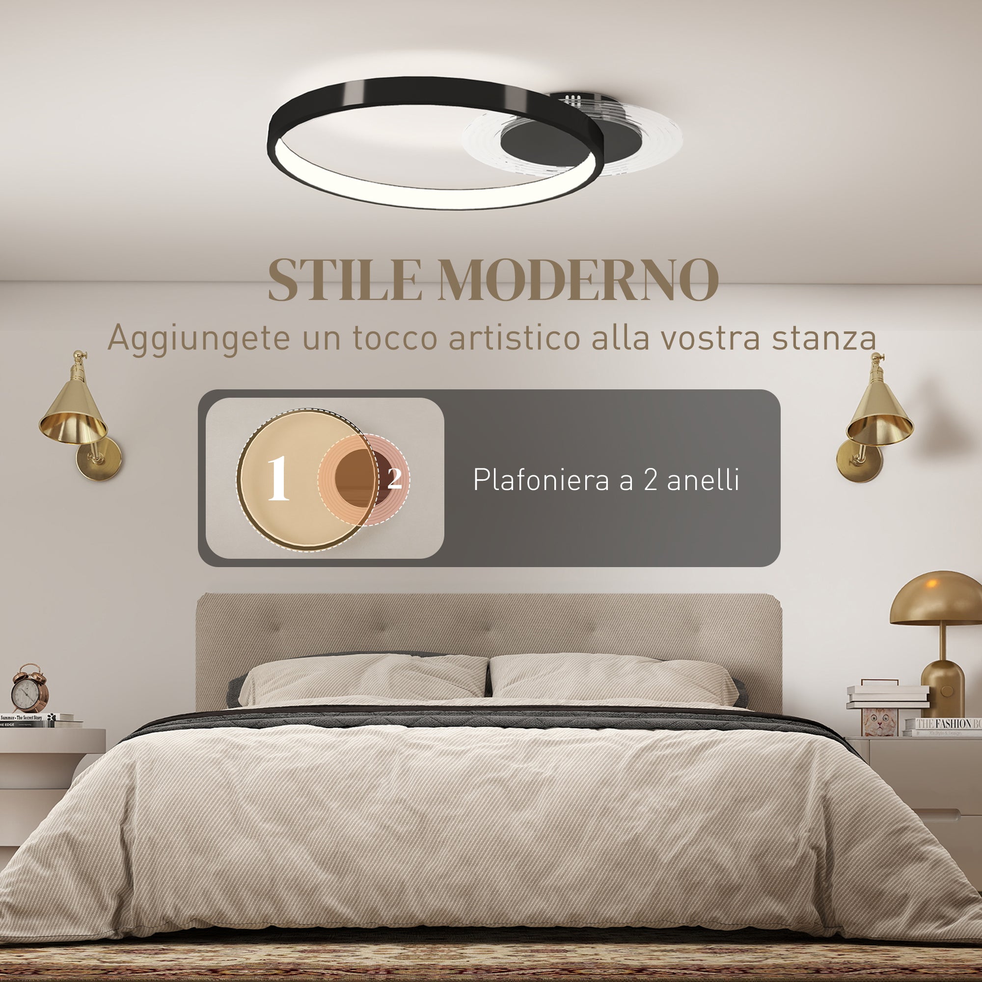 Plafoniera LED Moderna a 2 Anelli 50x40x 7,4 cm Potenza 30W in Alluminio e Acrilico Nero