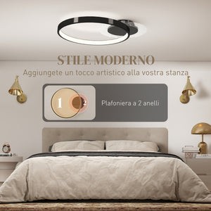 Plafoniera LED Moderna a 2 Anelli 50x40x 7,4 cm Potenza 30W in Alluminio e Acrilico Nero