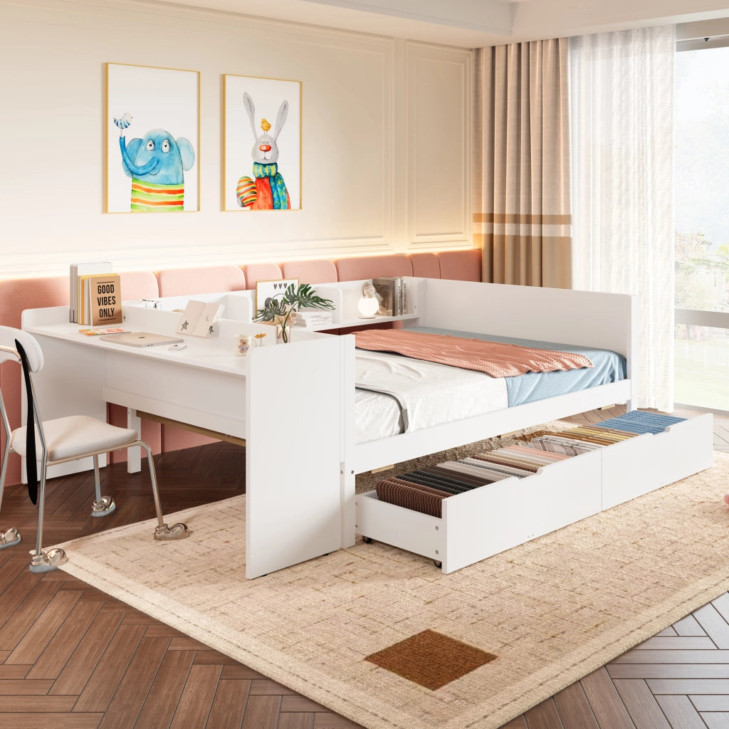 LETTO matrimoniale 140x200 cm bianco in pino, con scrivania, cassetti e ripiani