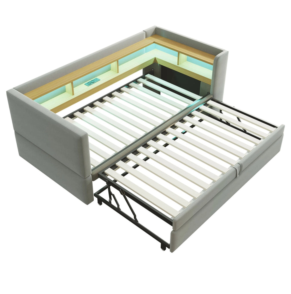 Divano Letto Imbottito Estraibile 90/180x190 cm con LED, Prese Elettriche e Numerosi Ripiani, Grigio Chiaro