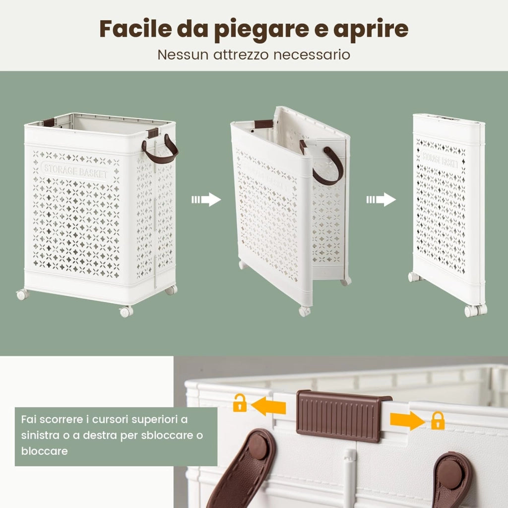 Cesto Portabiancheria Grande 75 L, Cesto in Plastica 43,5 x 34 x 61 cm con 4 Ruote e Cestino per Biancheria Intima e Maniglie, Borsa da Bucato, Bianco