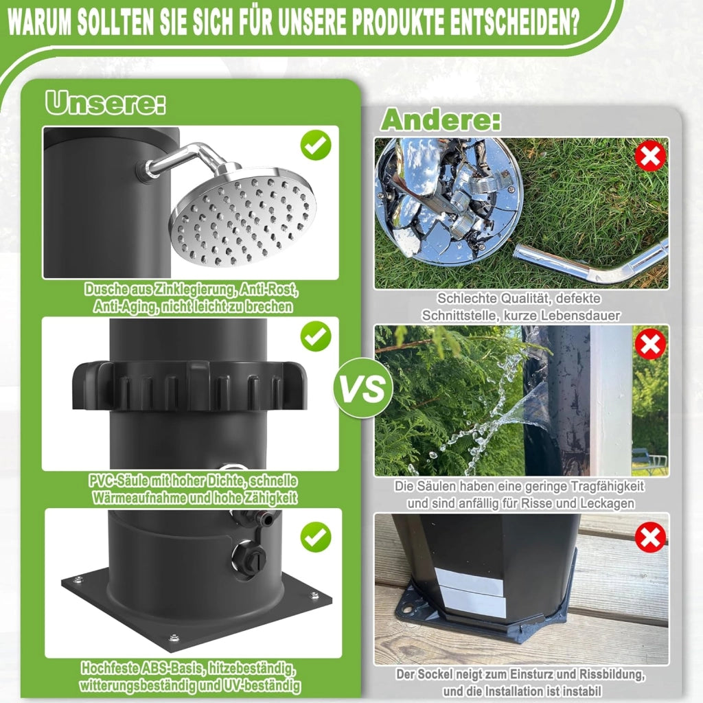 Doccia solare da giardino, 40 l, con cappa protettiva, per esterni, con rubinetto, soffione a pioggia, per giardino, piscina, campeggio, fino a 60 °C, colore nero