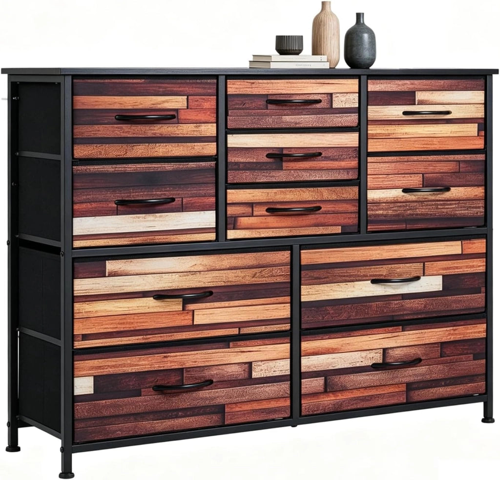 Cassettiera Camera da Letto con 11/14 Cassetti Pieghevoli, Credenza Soggiorno, Mobiletto Contenitore, Comò Multiuso per Salotto, Ingresso, Stile Industriale, in Legno, Metallo (100 x 30 x 82 cm)