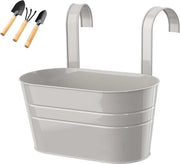 Hangpot metallico ovaale, 1 pezzo, per balcone, con supporto per ringhiera, stile vintage, metallico, per piante, vaso per balcone, giardino, rimovibile, grigio