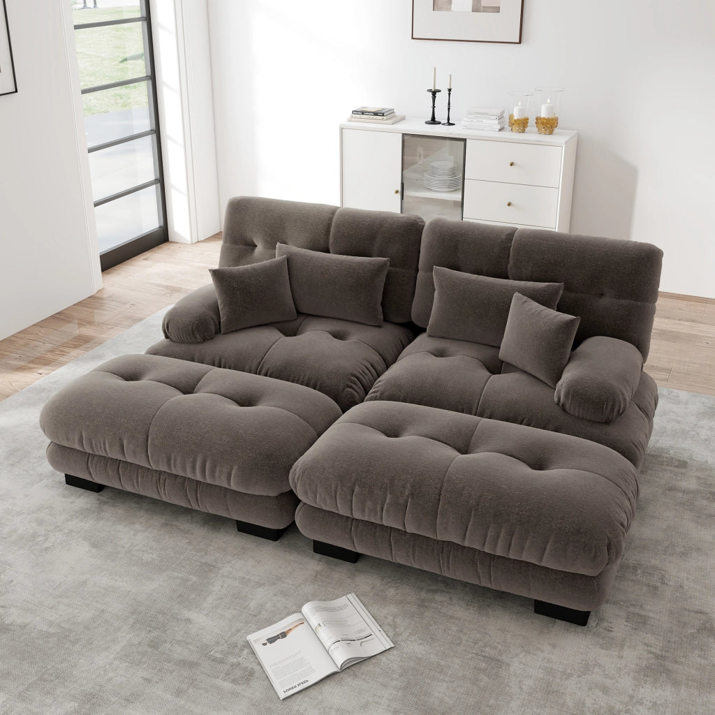 Divano angolare modulare in chenille con braccioli imbottiti e pouf, marrone 220 × 145 × 81 cm