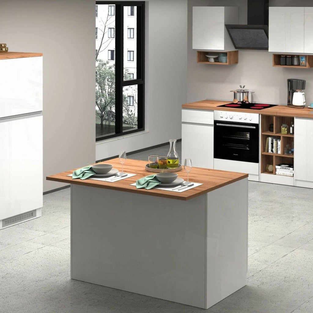 Isola da cucina Analiza, Tavolo ausiliario portaoggetti, Mobile da cucina a 2 ante, 100% Made in Italy, 125x90h90 cm, Bianco lucido e Rovere