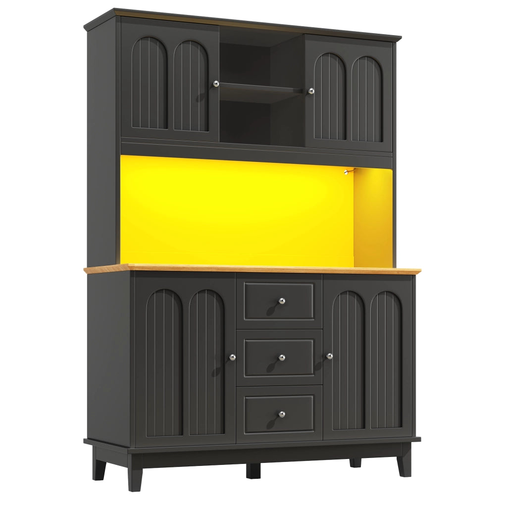 OKWISH Credenza Alta da Cucina con 4 Ante e 3 Cassetti, Ripiani Regolabili, Luce LED e Porta di Ricarica, MDF, 120 x 40 x 180 cm