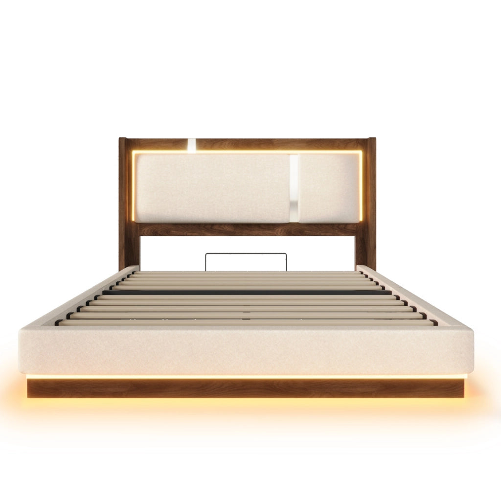 Letto imbottito 140x200 cm con LED e contenitore idraulico in lino, beige e noce