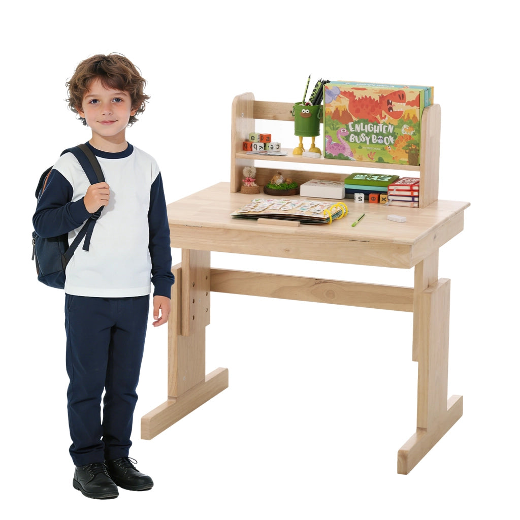 Scrivania per bambini, regolabile in altezza, con piano inclinabile e ripiani portaoggetti, color rovere