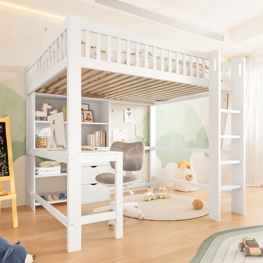 Letto a soppalco 140x200 cm in legno di pino e MDF; bianco; con scrivania; scala e cassetti