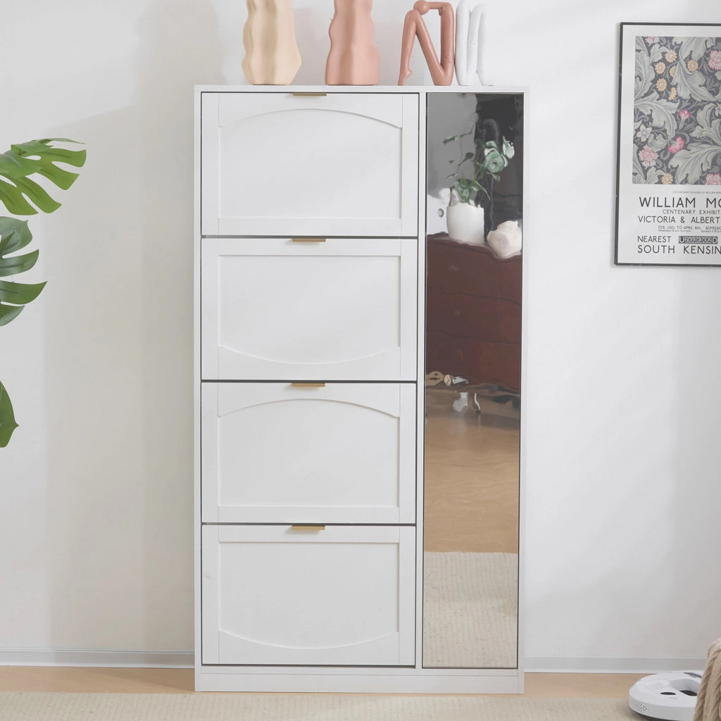 Mobile portascarpe con specchio, 4 vani contenitore estraibili, ripiani regolabili, bianco, 80x24x147 cm
