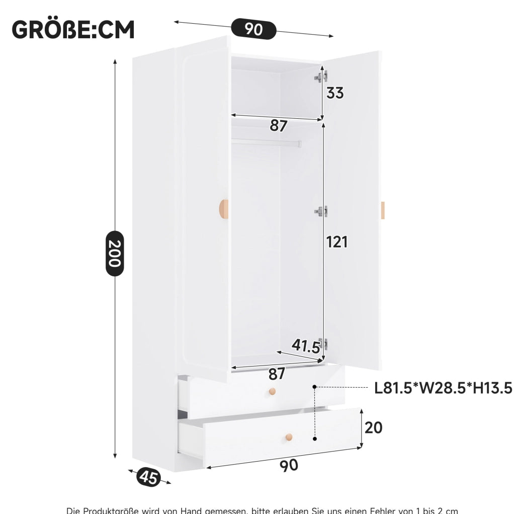 Armadio a 2 ante con 2 cassetti e asta appendiabiti; 90×45×200 cm; bianco