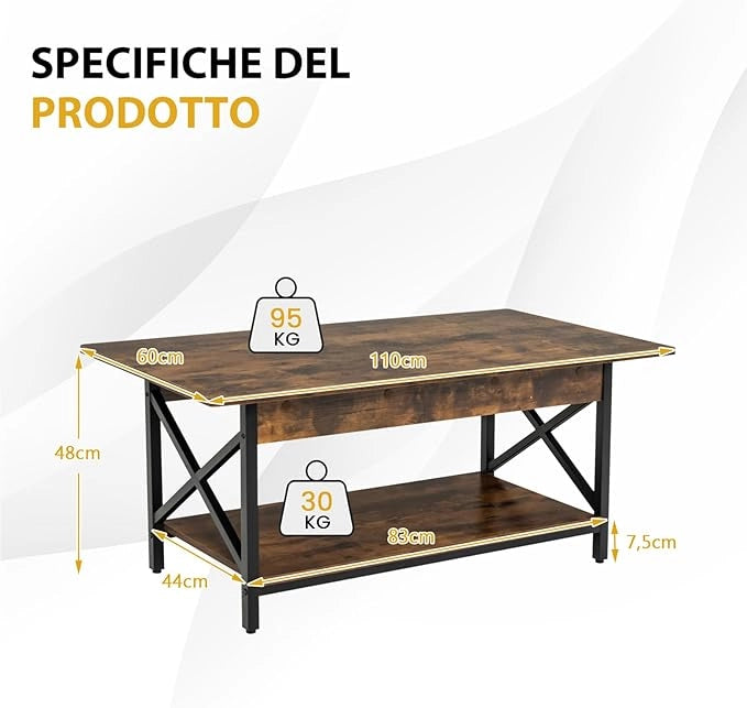 Tavolino da Salotto 2 Livelli, Tavolino da caffè Industriale con Struttura in Metallo a Forma di X, Tavolino Rettangolare per Soggiorno, Studio e Ufficio, 60 x 110 x 48 cm (Marrone)